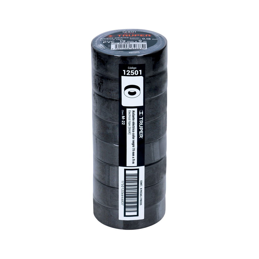 Cinta de aislar de 9 m x 19 mm, negra, TRUPER